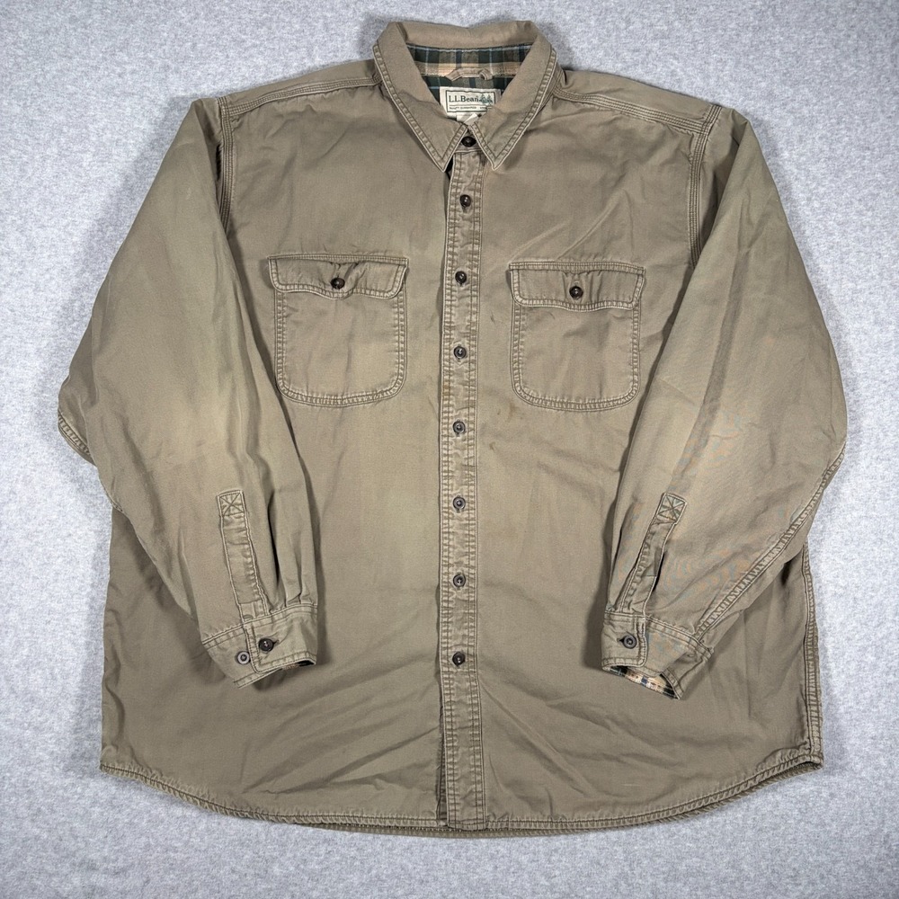 L.L.Bean Hurricane Shirt Button-Up Shirt Mens 2XL Beige Flannel Lined Distressed - Picture 1 of 12